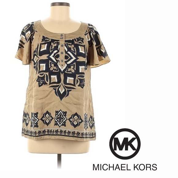 MICHAEL Michael Kors Tops - MICHAEL Michael Kors Size 1X Beige Blue Short Sleeve Blouse 100% Silk